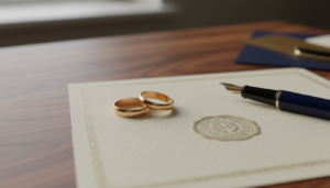 Wedding rings on a Texas marriage certificate ready for apostille