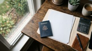 Passport and documents on a desk for a Texas apostille