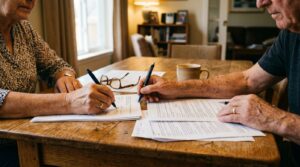 Couple signing paper documents that cannot be notarized online