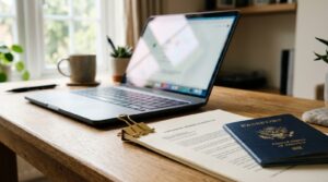 Laptop, document and passport for apostille of an online notarized document
