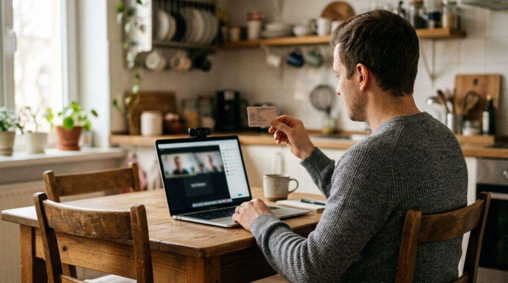 Signer showing ID on a video call during an online notary appointment