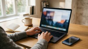 Laptop on a desk for a Texas online notary session