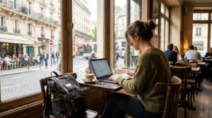Woman on a laptop abroad getting notarized online outside Texas